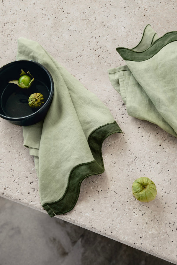 Sage and Forest Green Waved Linen Table Napkins (Set of Four)